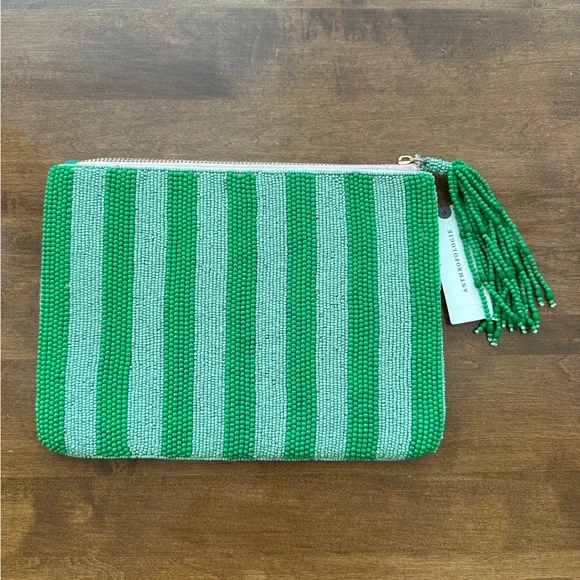NEW Anthropologie Fiona Green Beaded Tassel Zip Clutch Bag Pouch Teacup Design - Picture 4 of 7